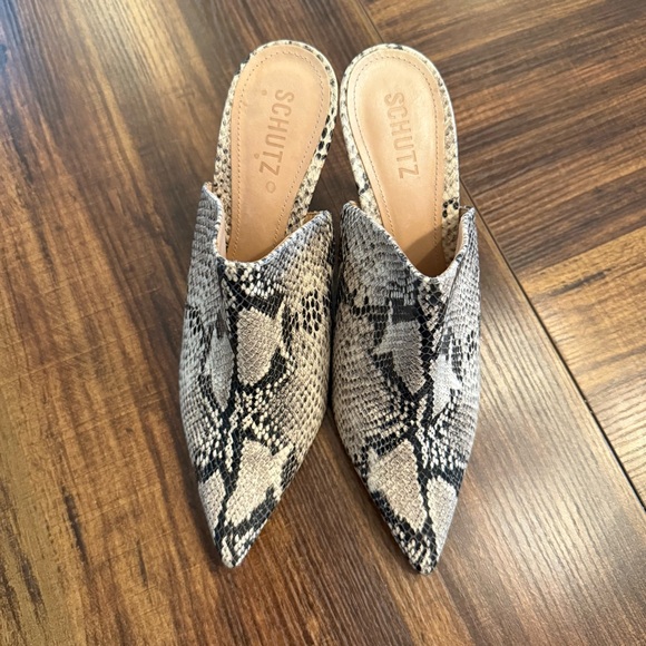 Schutz Bardot Snakeskin-Embossed Leather Mules - Picture 5 of 9